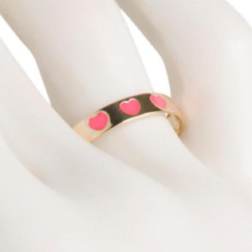 Golden Clef Made in Italy Enamel Red Hearts 14 kt Gold Band Ring Cutecore Gift 7